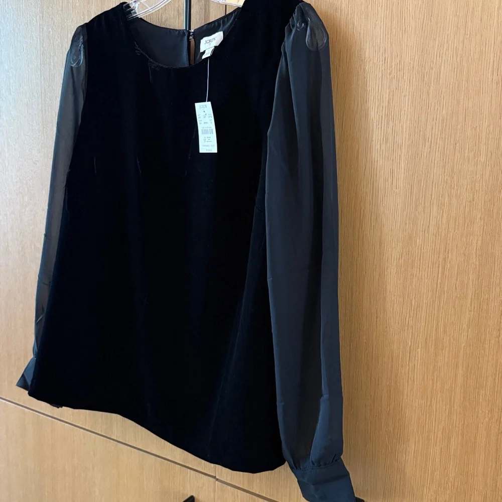 J. CREW Velvet puff-sleeve Sheer Long Sleeve top Black Color size Small NWT